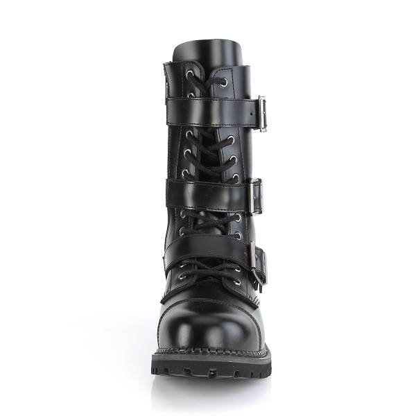 Demonia Women's Riot-12BK Mid Calf Combat Boots - Black Leather D5893-16US Clearance